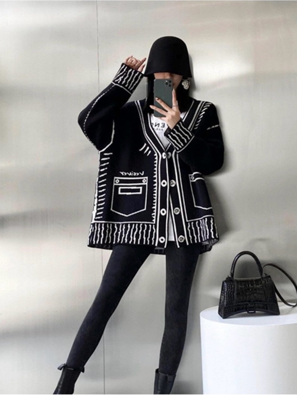 Black-and-White Patterned V-Neck Graphic Cardigan Sweater